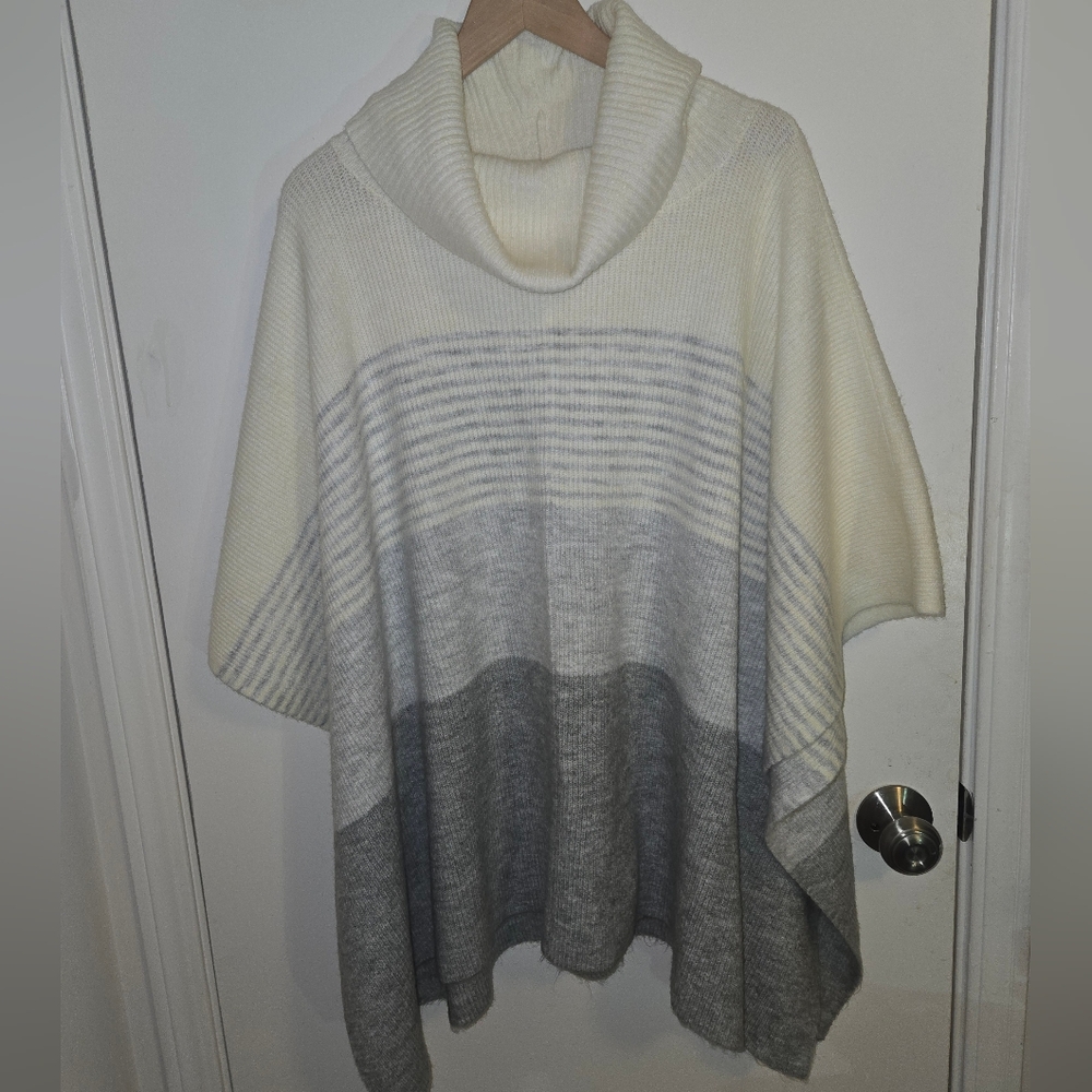 Talbots Cream and Gray Striped Poncho Sweater